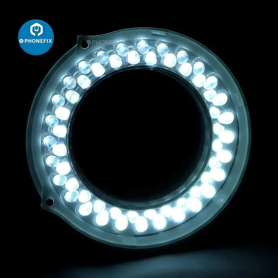 PHONEFIX 56 LED adjustable ring light for stereo microscopes, highlighting the black illuminator lamp with EU plug connection.
