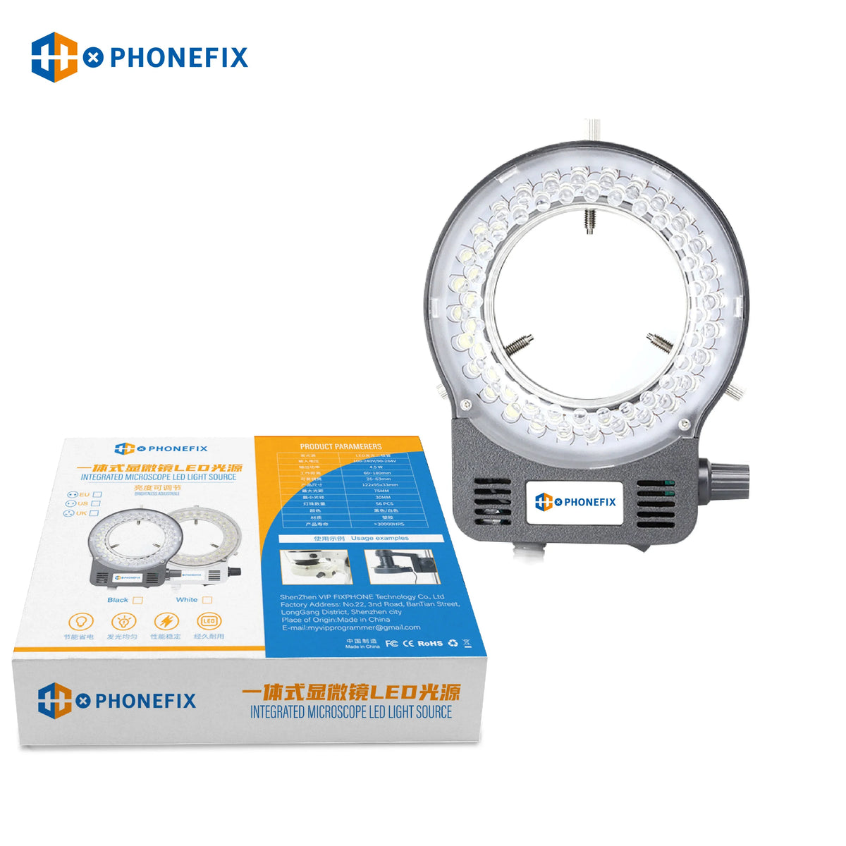PhoneFix 56 LED adjustable ring light illuminator lamp for stereo microscope, showing bright, evenly distributed LED lighting.