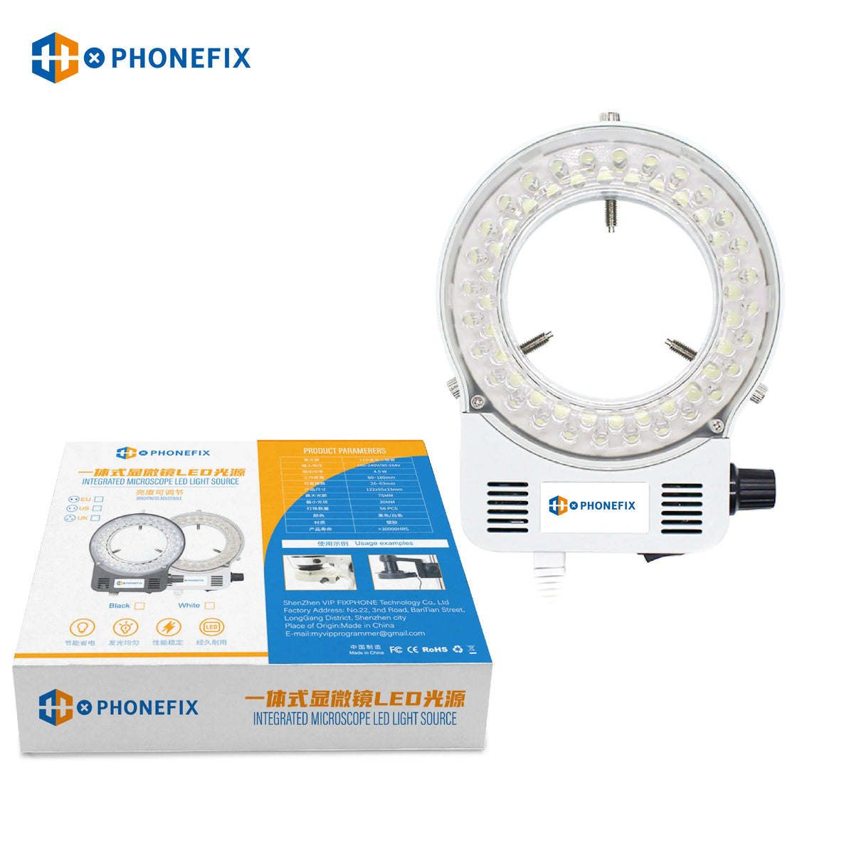 PHONEFIX 56 LED adjustable ring light illuminator for stereo microscopes, showing bright LEDs around a circular ring for enhanced illumination.