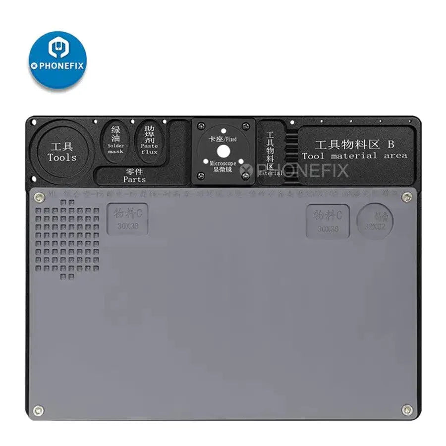 Base de microscopio de aleación de aluminio con unas dimensiones de 330 x 198 mm, utilizada como accesorio de mantenimiento para microscopios por PHONEFIX.