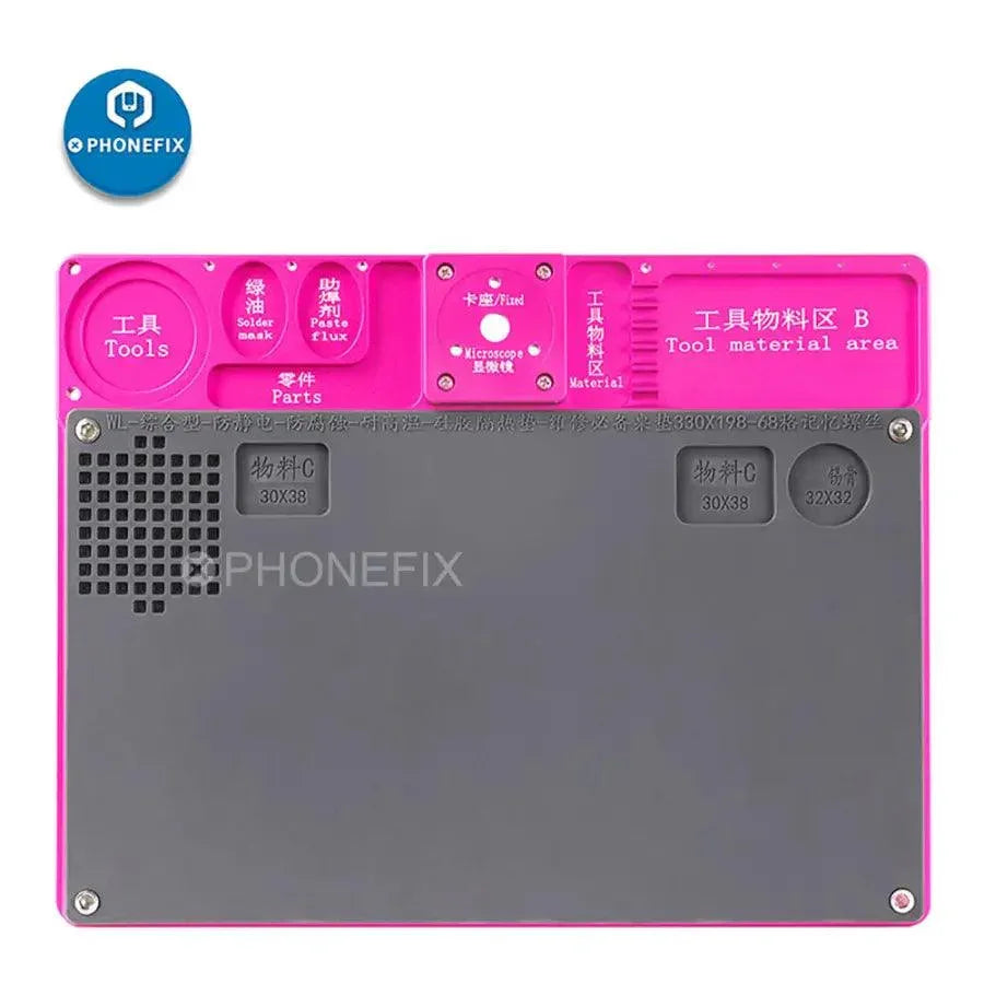 Base para microscopio de aleación de aluminio de PHONEFIX, con unas dimensiones de 330x198 mm, utilizada como almohadilla de mantenimiento para accesorios de microscopio.