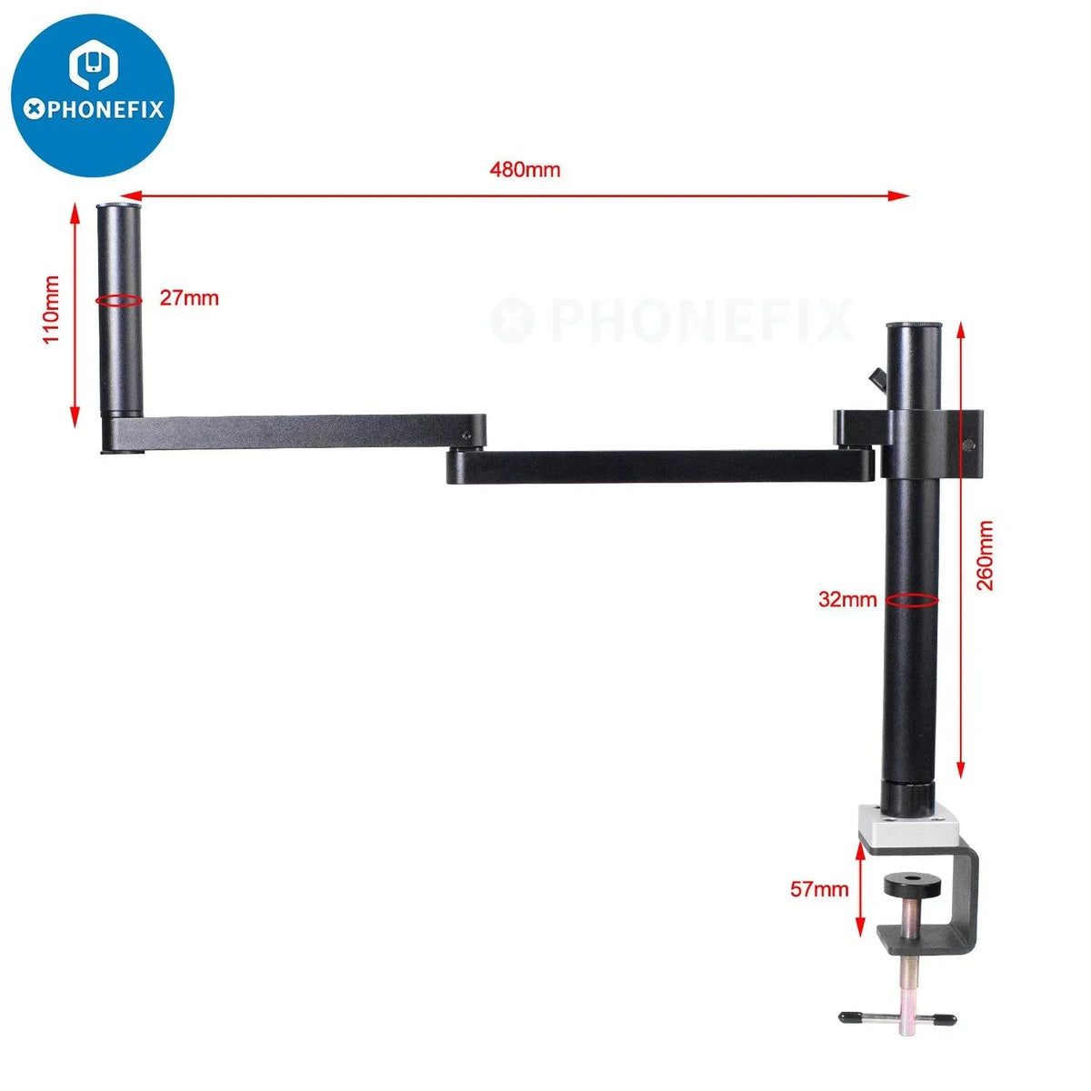 Rotatable articulating microscope arm stand bracket with 50mm holder for phonefix microscope accessories.