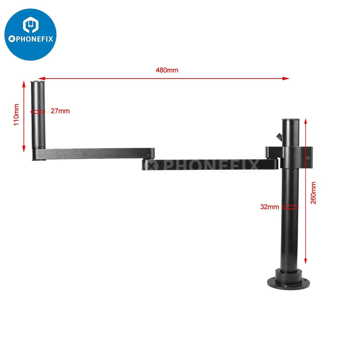 PhoneFix rotatable articulating microscope arm stand bracket with 50mm holder for secure mounting and adjustable positioning.