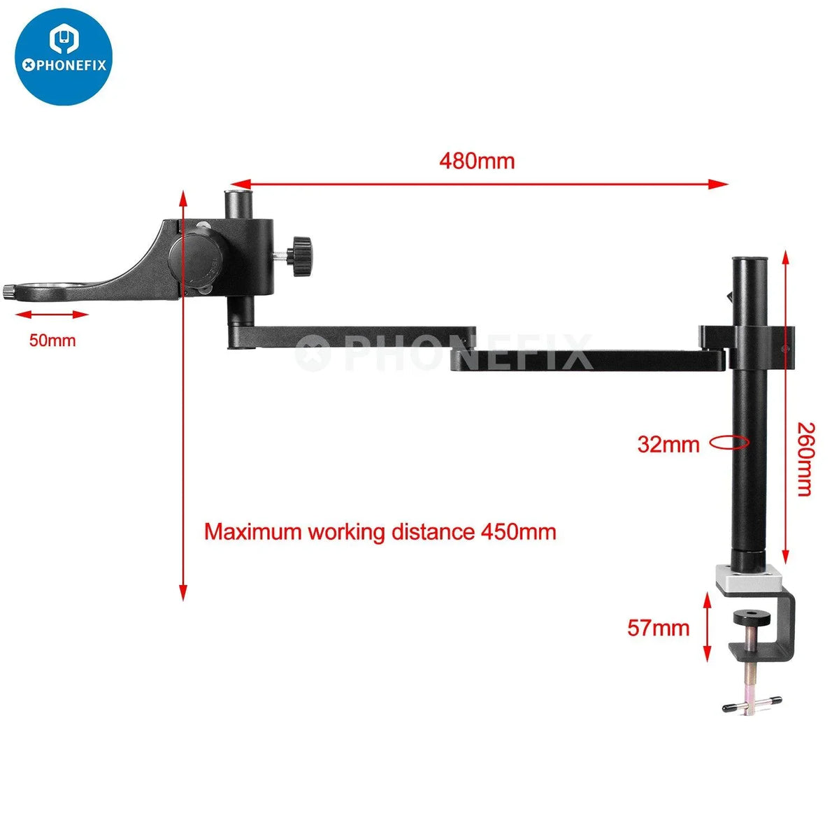 Rotatable articulating microscope arm stand bracket with 50mm holder, compatible with PHONEFIX microscope accessories.