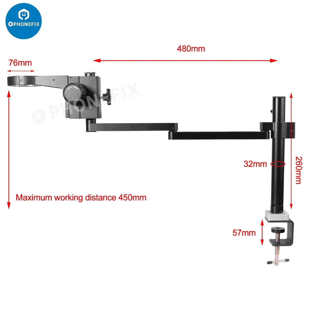Rotatable articulating microscope arm stand bracket with 50mm holder, compatible with microscope accessories by PHONEFIX