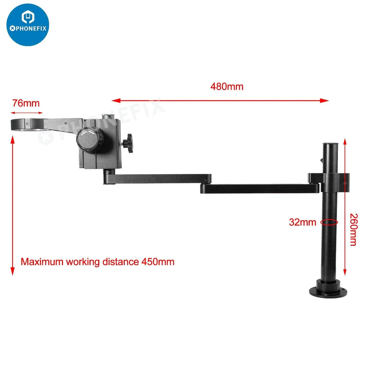 PhoneFix rotatable articulating microscope arm stand bracket with 50mm holder, versatile accessory for microscope setups.