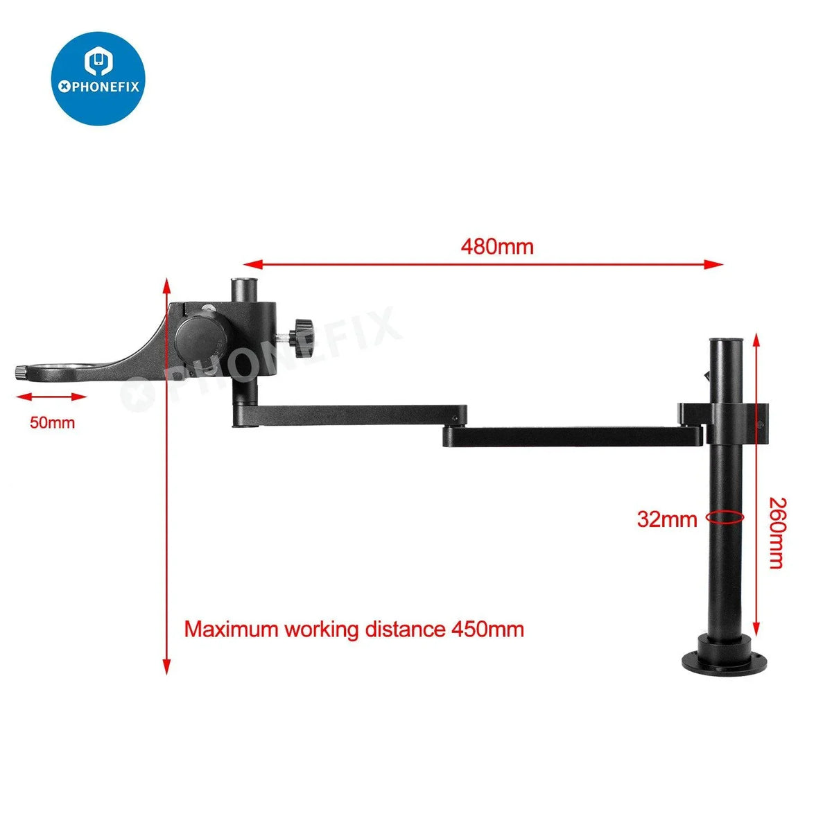 Rotatable articulating microscope arm stand bracket with 50mm holder, ideal for microscope accessories by PHONEFIX.