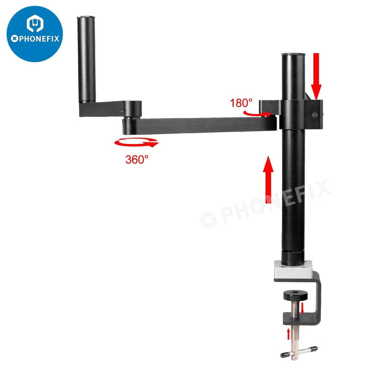 PhoneFix rotatable articulating microscope arm stand bracket with 50mm holder for microscope accessories, adjustable and versatile.
