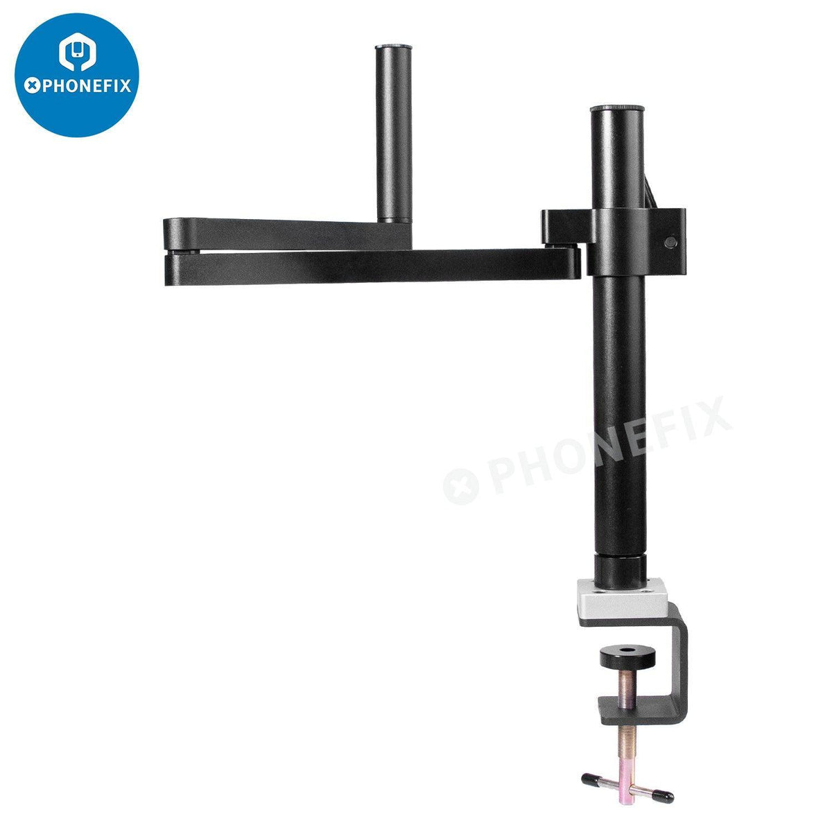 PhoneFix rotatable articulating microscope arm stand bracket with 50mm holder for secure positioning of microscope accessories.
