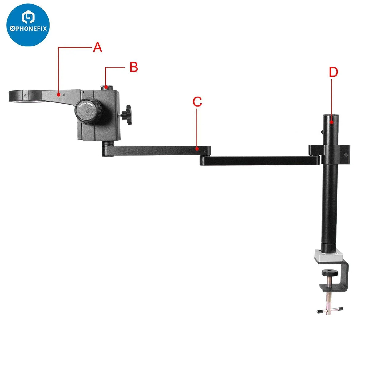 Rotatable articulating microscope arm stand bracket with 50mm holder, designed for microscope accessories by PHONEFIX.