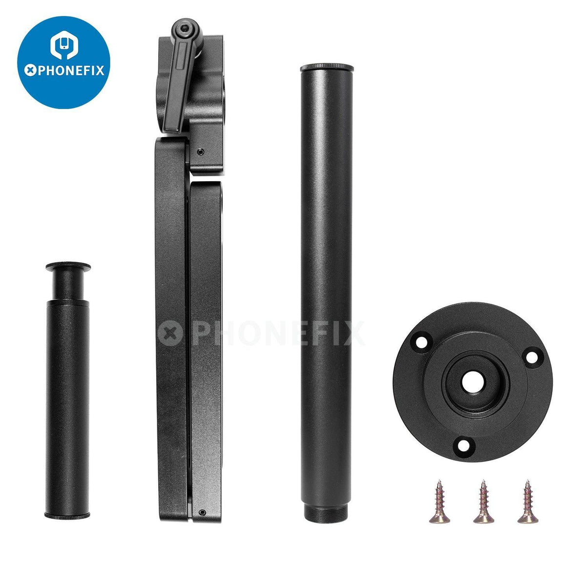 PhoneFix rotatable articulating microscope arm stand bracket with 50mm holder, adjustable for secure positioning of microscope accessories.