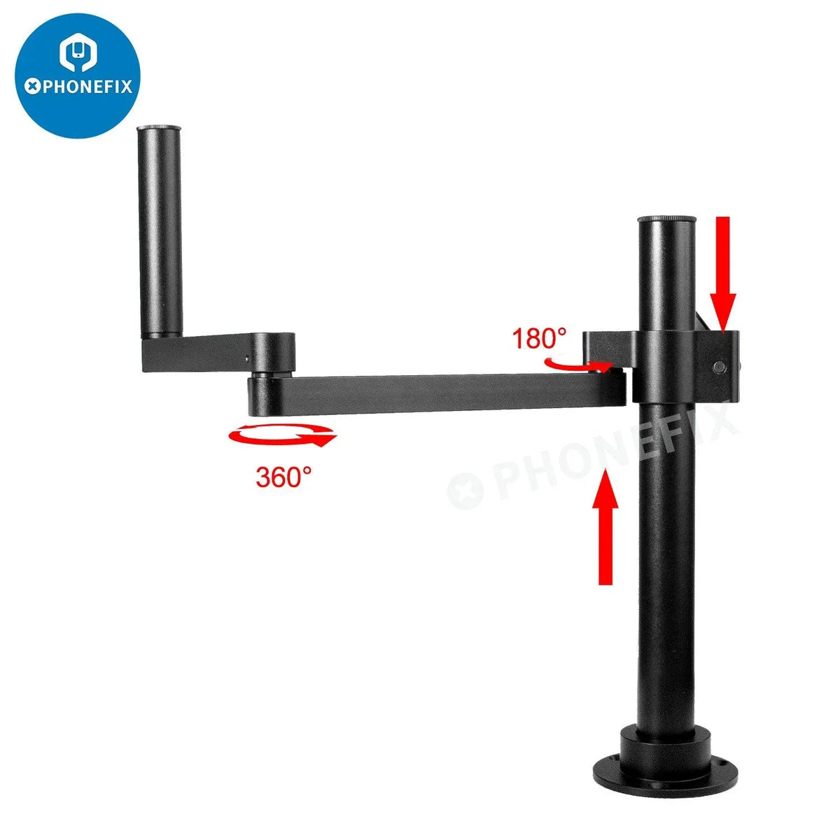 Rotatable articulating microscope arm stand bracket with 50mm holder for phonefix microscope accessories, adjustable and versatile.