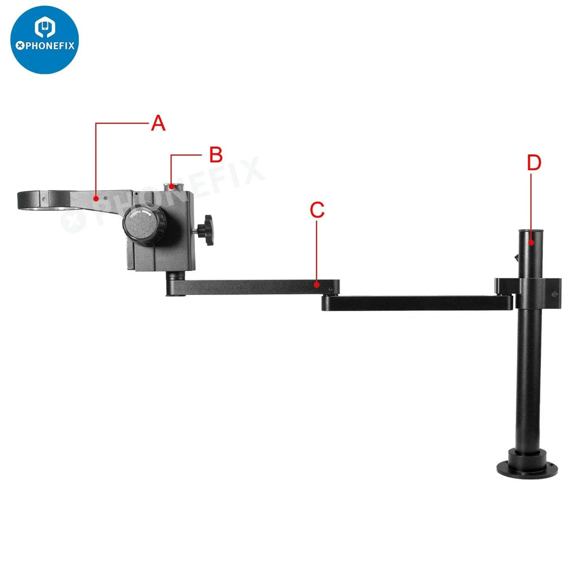 Rotatable articulating microscope arm stand bracket with 50mm holder, compatible with PHONEFIX microscope accessories.