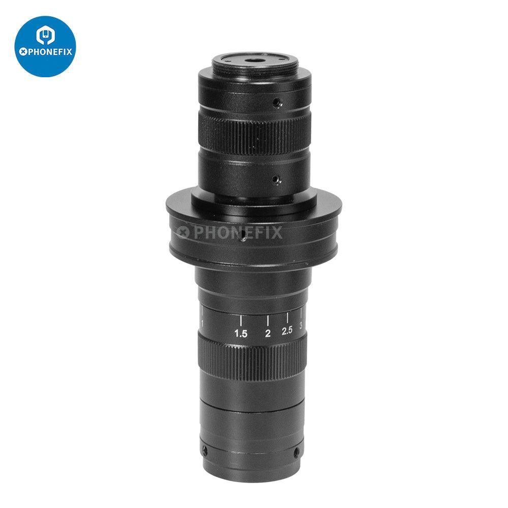 PHONEFIX 0.7X-4.5X C-mount zoom lens for electronic microscope HDMI camera, showcasing adjustable focus and lens details.