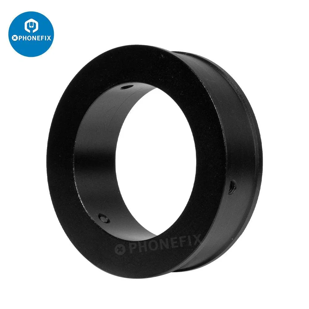 PHONEFIX 0.7X-4.5X C-Mount Zoom Lens for electronic microscope HDMI camera, close-up view of the lens attached to a microscope.