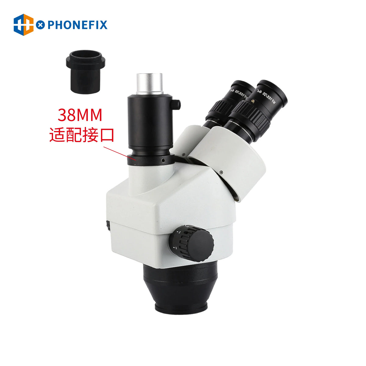 PhoneFix 38mm CTV stereo industrial microscope camera adapter with C-mount fitting and adjustment knobs, designed for microscope accessories.