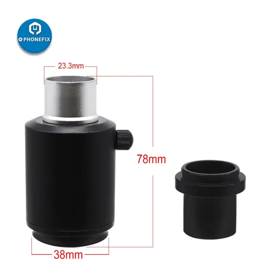 PhoneFIX 38mm industrial camera adapter with 23.3mm C-mount for microscope camera tubes, compatible with microscope accessories.