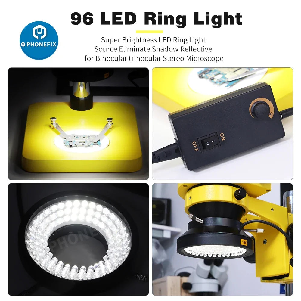 PHONEFIX 96 LEDs microscope ring light illuminator lamp with side light and adapter, used as a microscope accessory for bright illumination