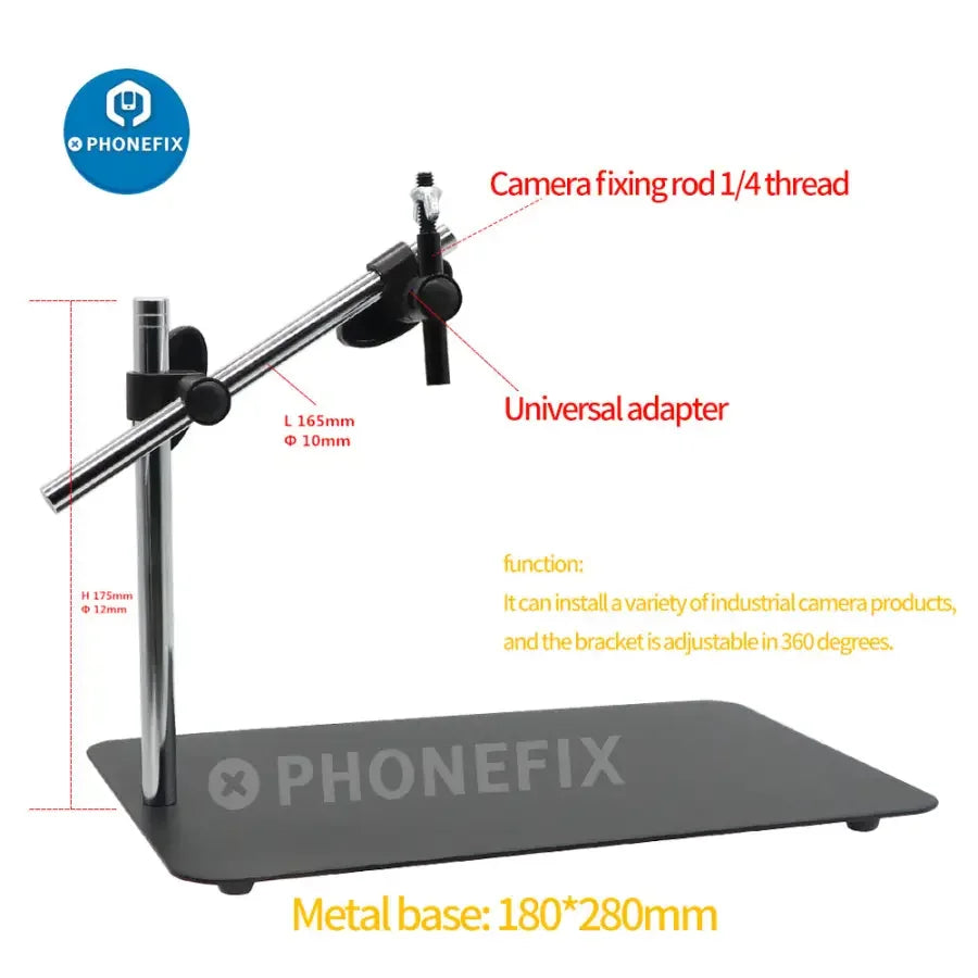 PHONEFIX camera bracket base and webcam holder stand for industrial cameras, microscope accessories, provides stable mounting.