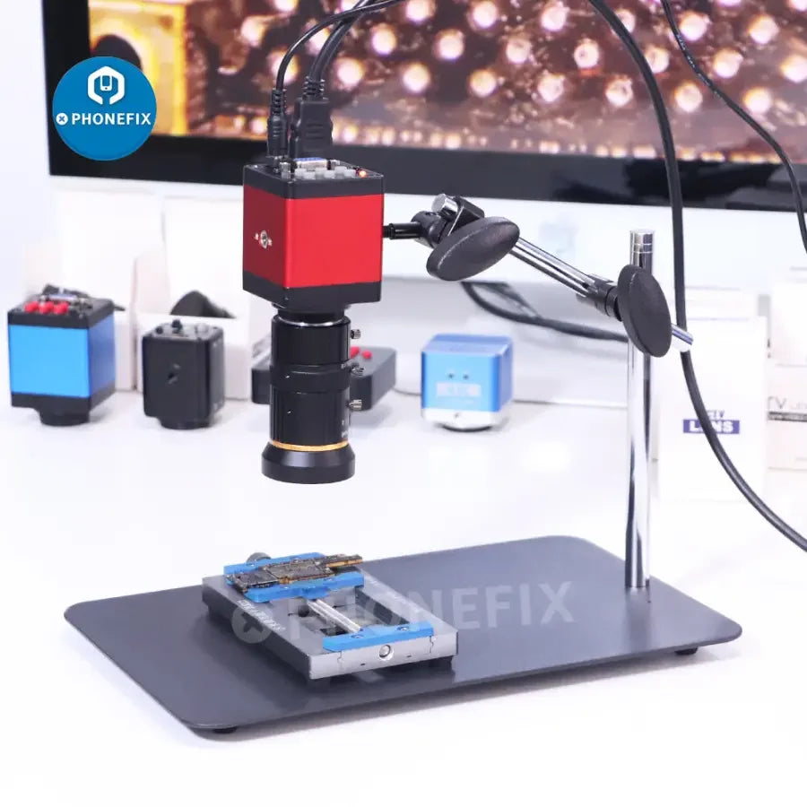 PhoneFix microscope camera bracket base and webcam holder mount stand for industrial cameras, showcasing sturdy, adjustable mounting hardware.