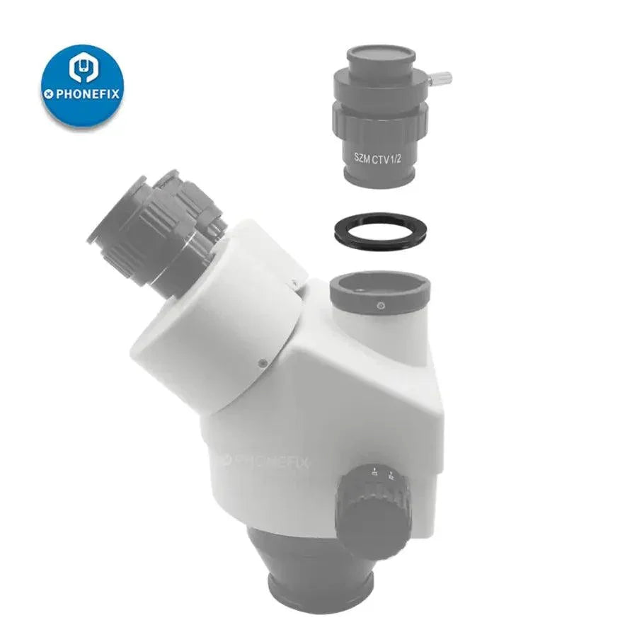 PHONEFIX microscope accessory, diameter 38mm to 27mm inner thread adapter for camera tube mounts, shown attached to microscope.