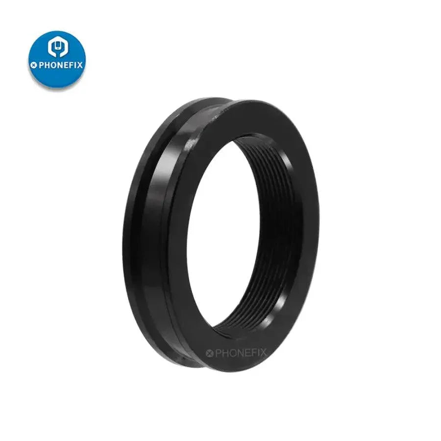 PhoneFix microscope accessory: diameter 38mm to 27mm inner thread adapter for camera tube mount, shown with threaded ends and mounting features.