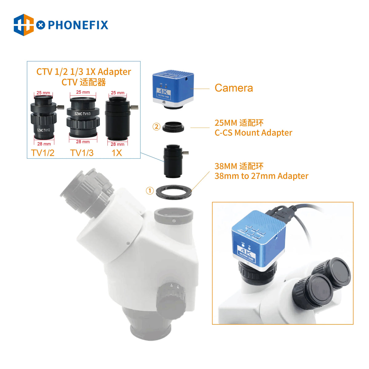PHONEFIX microscope accessory: 38mm to 27mm inner thread adapter for camera tube mounts, used in microscope setups.