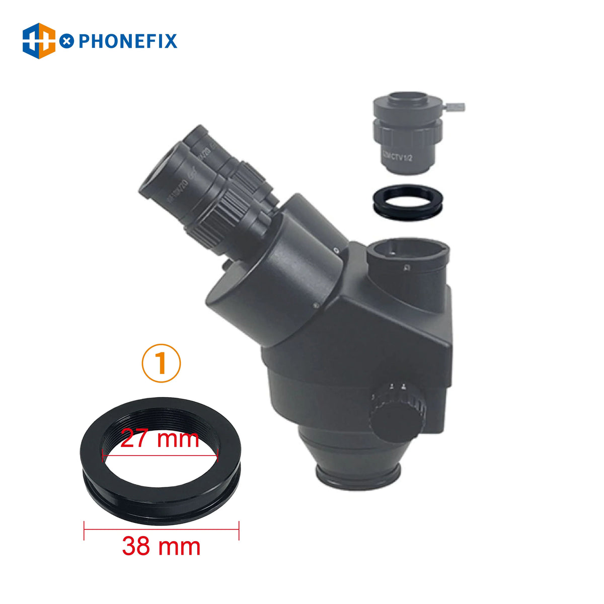 PHONEFIX microscope adapter with 38mm to 27mm inner thread for camera tube mounting, used as a microscope accessory.