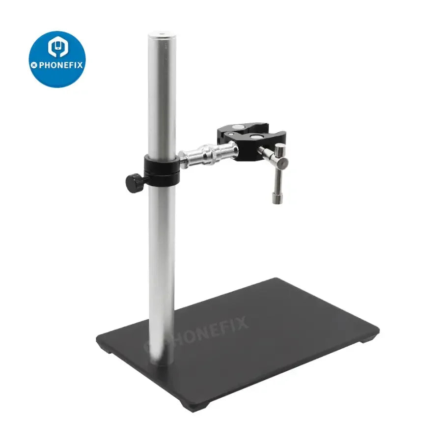 Electron microscope holder stand with super clamp base and webcam bracket, part of PHONEFIX microscope accessories.