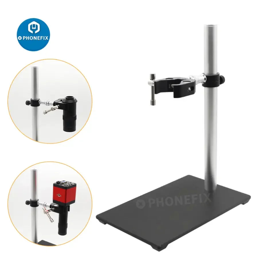 Electron microscope holder stand base with super clamp and webcam bracket, compatible with PHONEFIX microscope accessories.