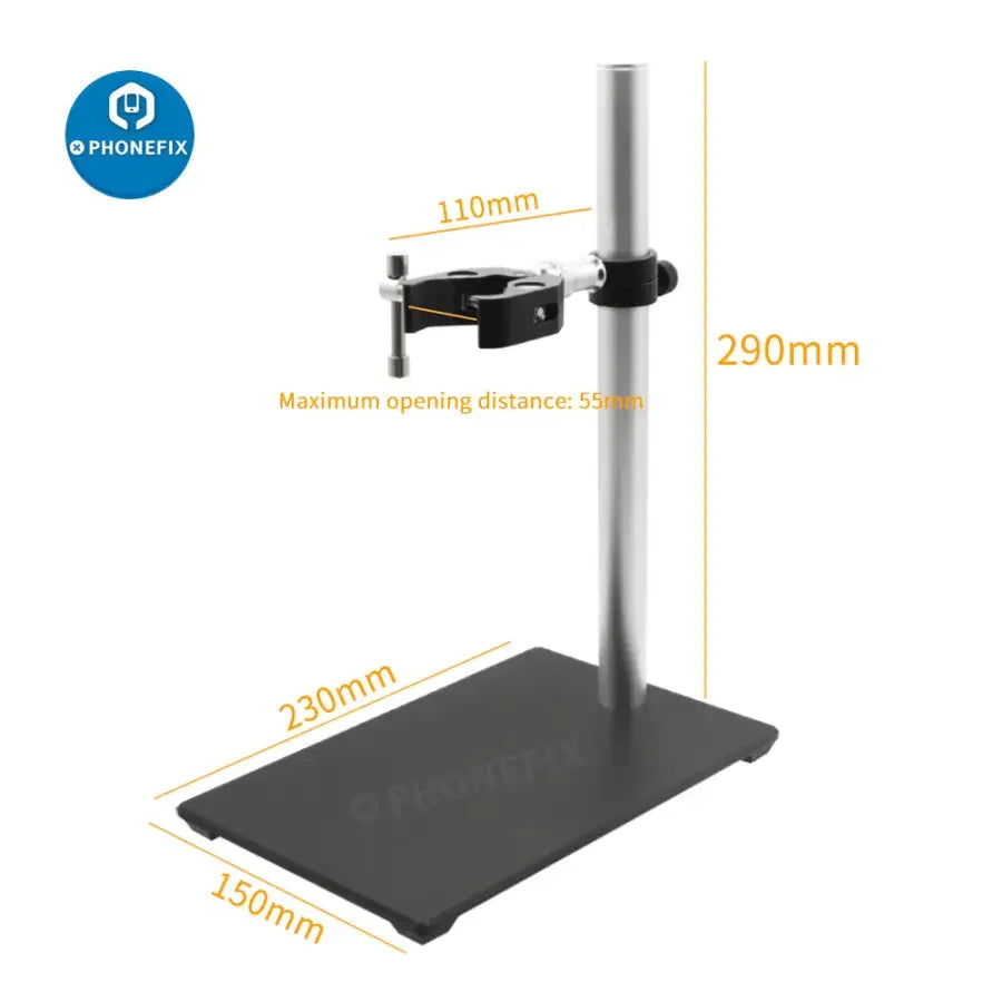 PhoneFIX electron microscope holder stand base with super clamp, webcam bracket, for microscope accessories and secure mounting.