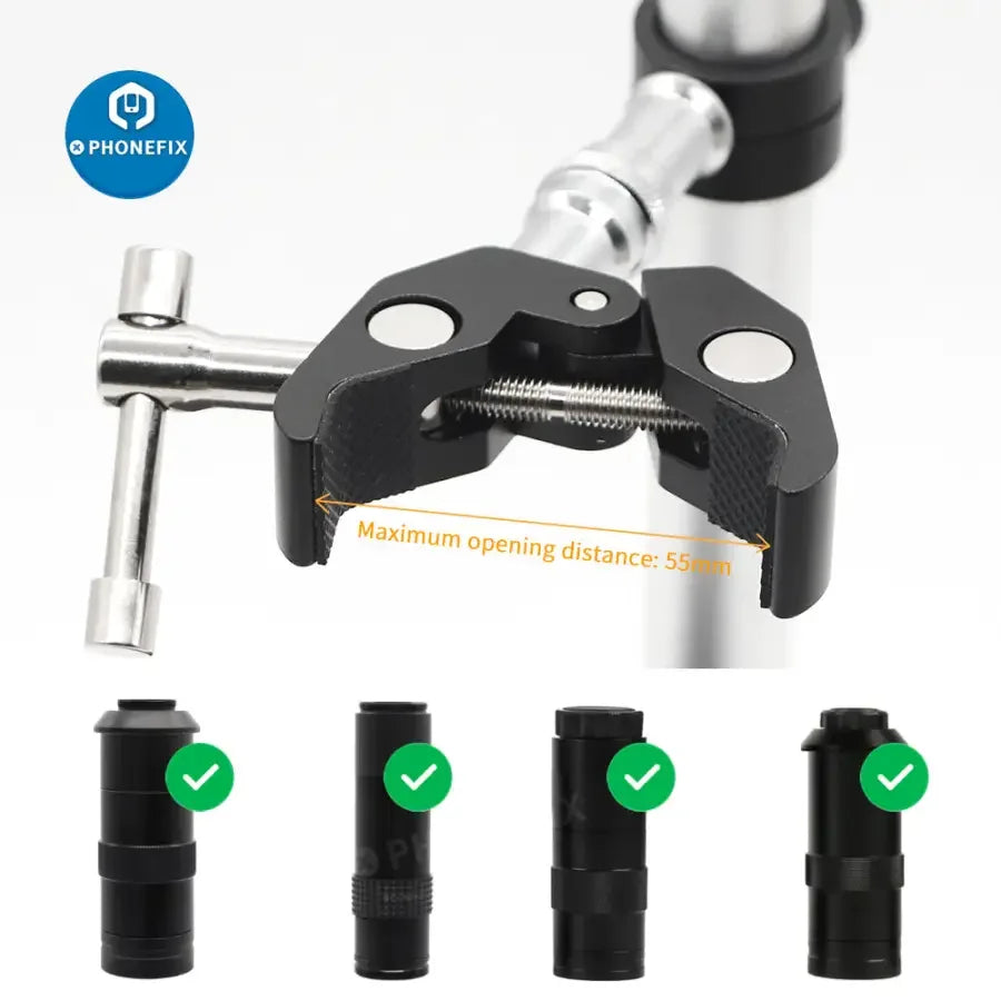 PHONEFIX electron microscope holder stand base with super clamp and webcam bracket for microscope accessories.
