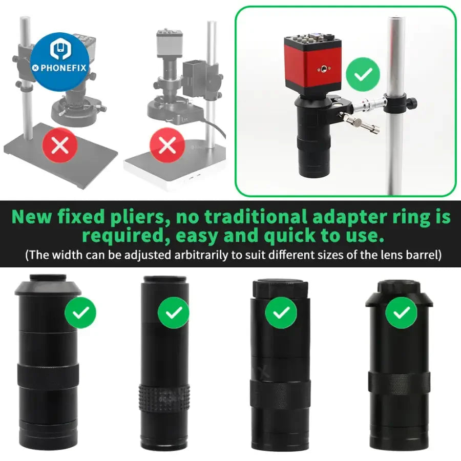 PHONEFIX electron microscope holder stand base with super clamp webcam bracket, microscope accessory for secure mounting.