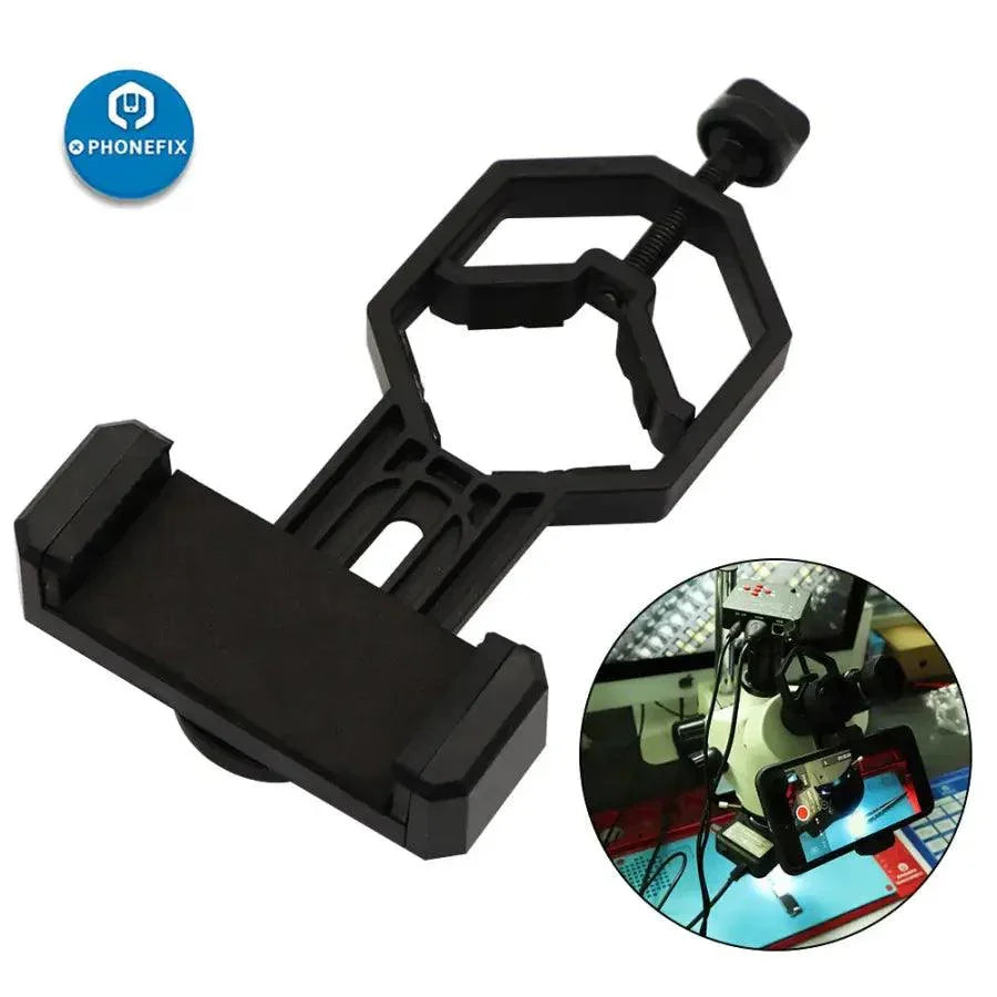 PhoneFIX adjustable phone microscope adapter clip bracket for attaching smartphones to microscopes.