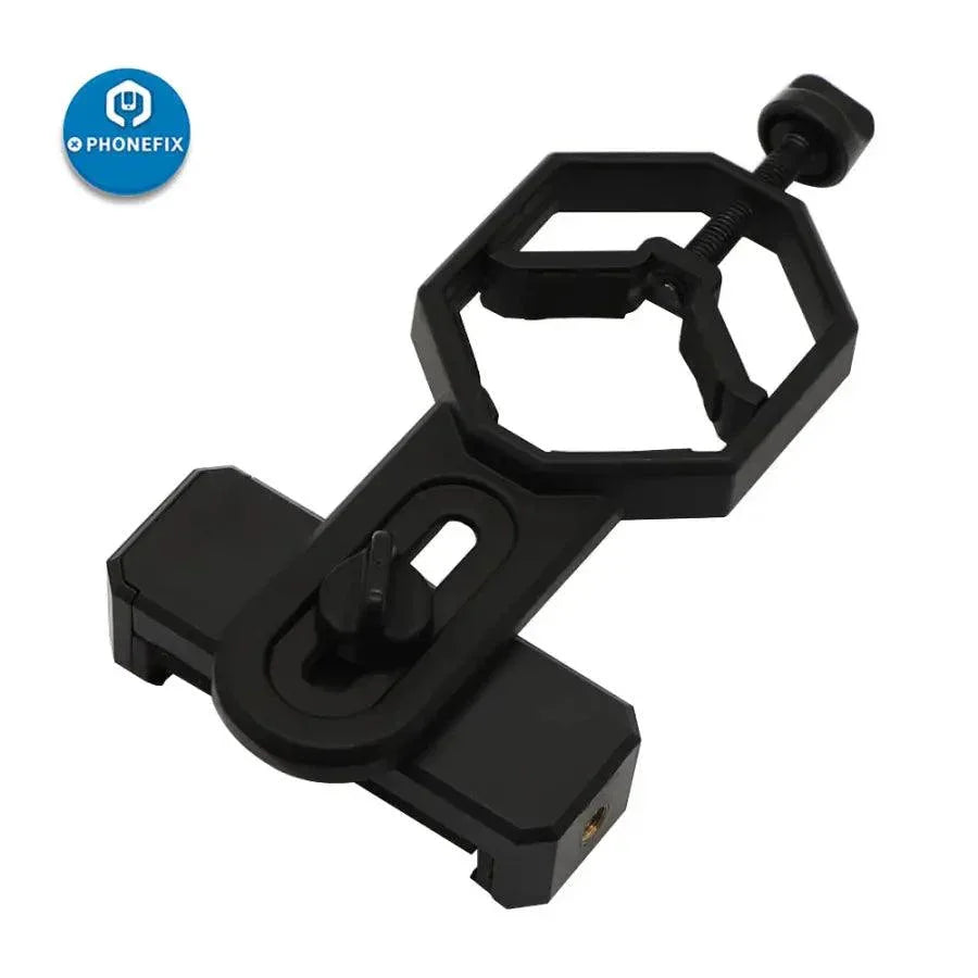 PhoneFIX adjustable phone microscope adapter clip bracket for secure attachment of microscope accessories to smartphones.