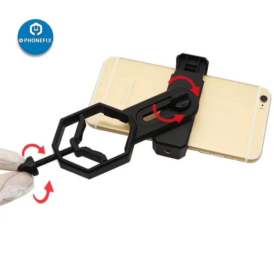 PhoneFIX adjustable phone microscope accessory clip bracket for securing and positioning microscope attachments on smartphones.