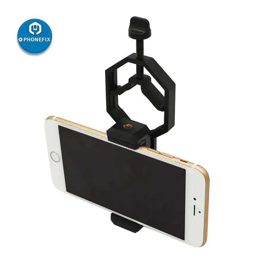 PhoneFIX adjustable phone microscope adapter clip bracket for attaching microscopes to smartphones, versatile microscope accessory.
