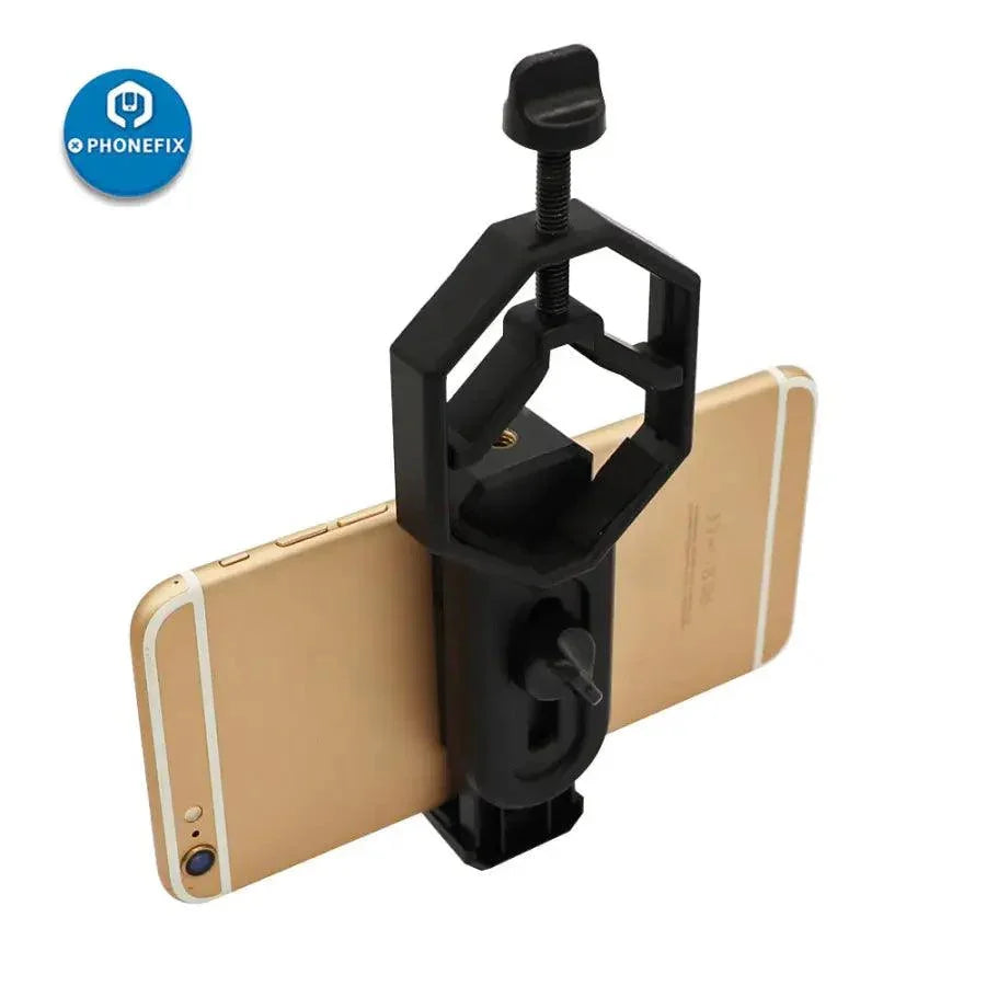 PhoneFix adjustable phone microscope adapter clip bracket for secure attachment of microscope accessories to smartphones.