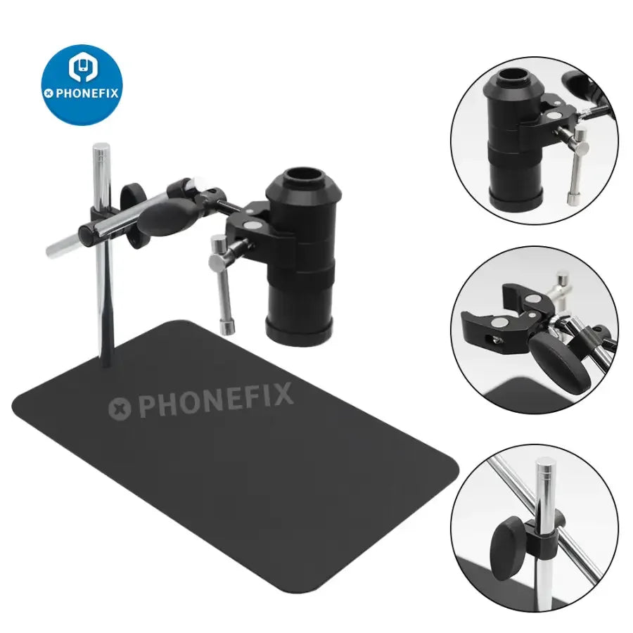 Universal microscope holder with 360° rotatable bracket and articulating arm, compatible with microscope accessories by PHONEFIX.