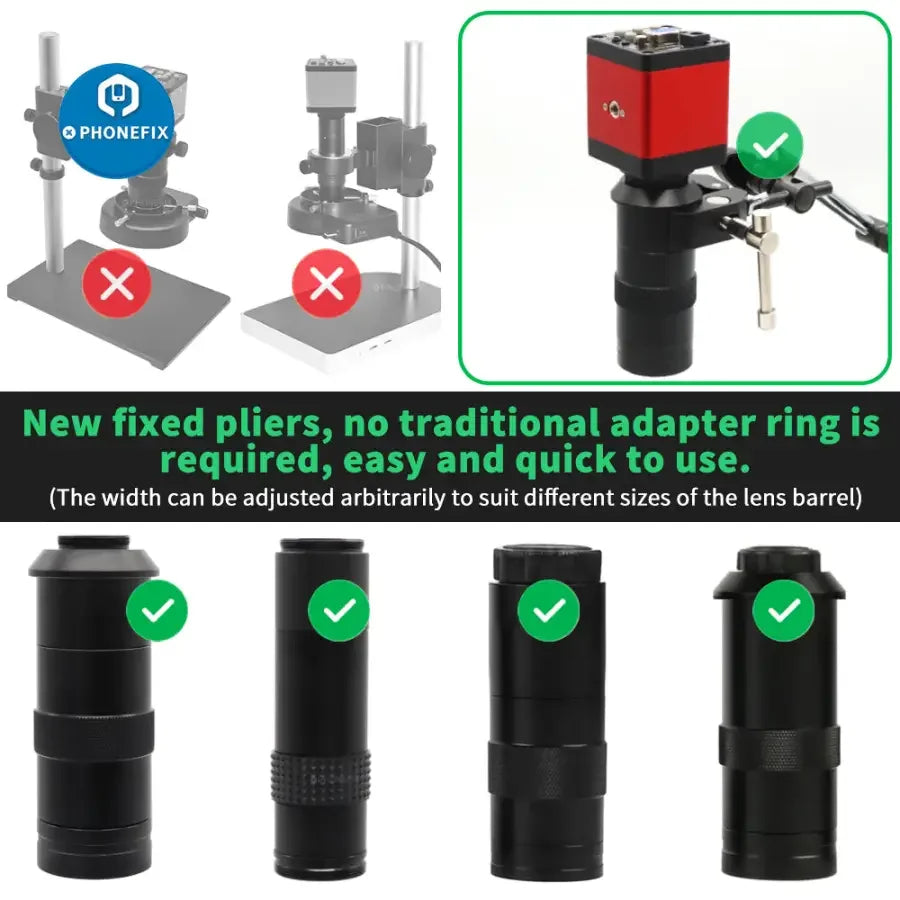 PhoneFix universal microscope holder with 360° rotatable bracket and articulating arm for secure, adjustable microscopy accessory use.