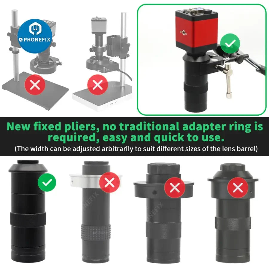 PhoneFix universal microscope holder with 360° rotatable bracket and articulating arm for secure attachment of microscope accessories.
