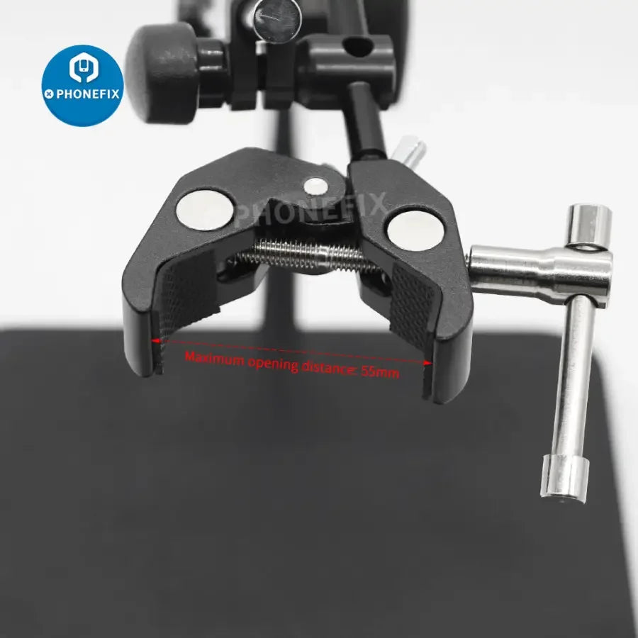 Universal Microscope Holder by PHONEFIX with 360° rotatable bracket and articulating arm for secure mounting of microscope accessories.