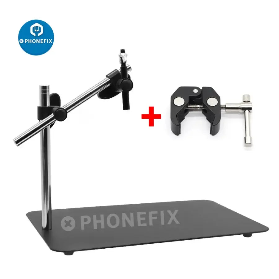 PhoneFix universal microscope holder with 360° rotatable bracket and articulating arm for secure mounting and adjustable positioning.