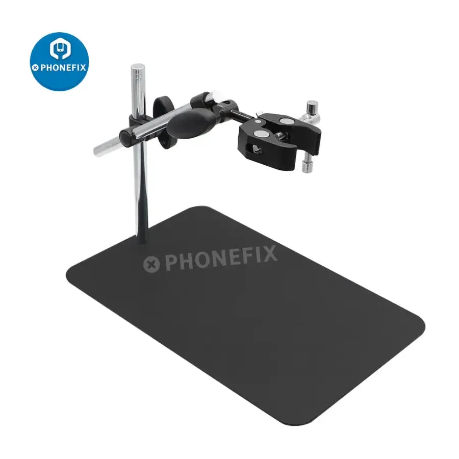 PhoneFix universal microscope holder with 360° rotatable bracket and articulating arm for secure mounting of microscope accessories.