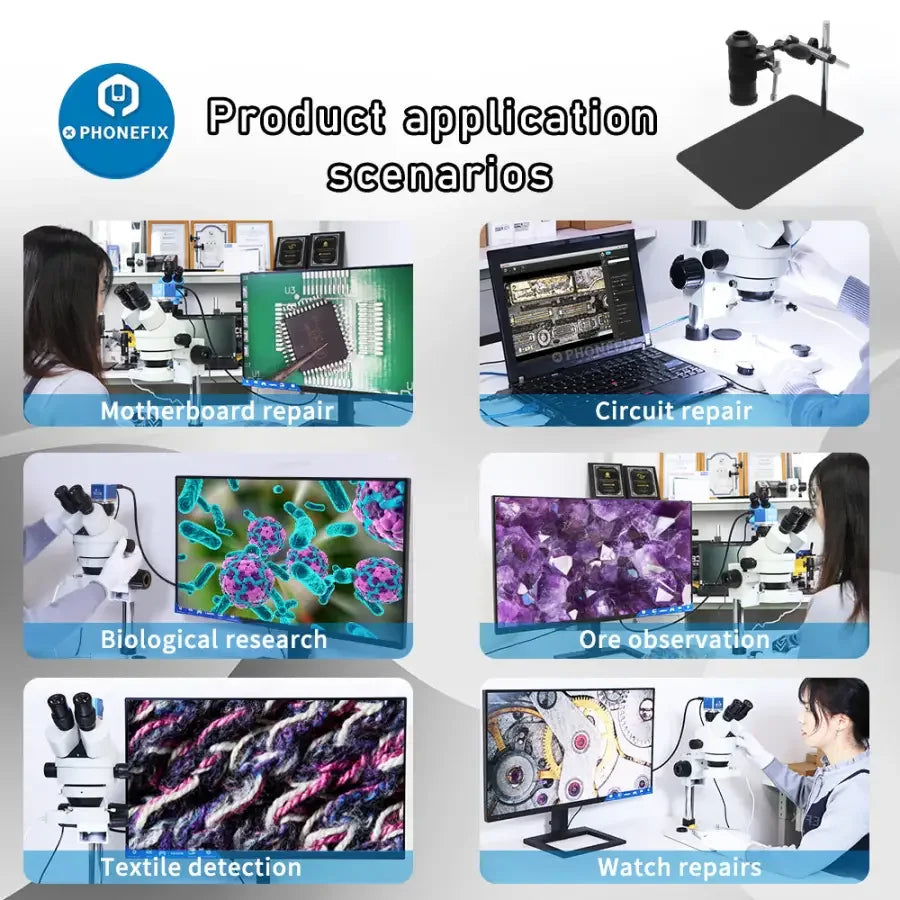 PhoneFIX universal microscope holder with 360° rotatable bracket and articulating arm for secure attachment of microscope accessories.