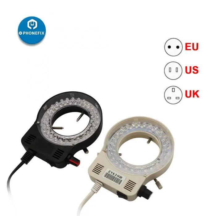 Adjustable LED ring light lamp for microscope camera, compatible with 110V/220V, shown with microscope setup, by PHONEFIX.