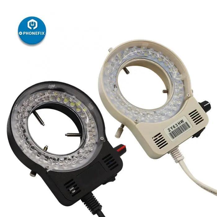 Adjustable 110V/220V LED ring light lamp for microscope camera, compatible with PHONEFIX microscope accessories, provides bright illumination