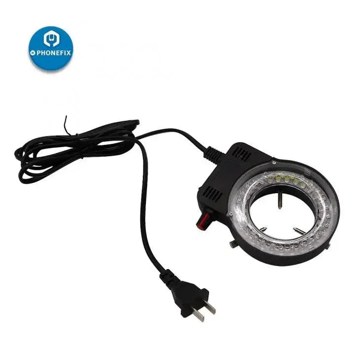 Adjustable 110V/220V LED ring light lamp for microscope camera, part of PHONEFIX microscope accessories, shown with mounting bracket