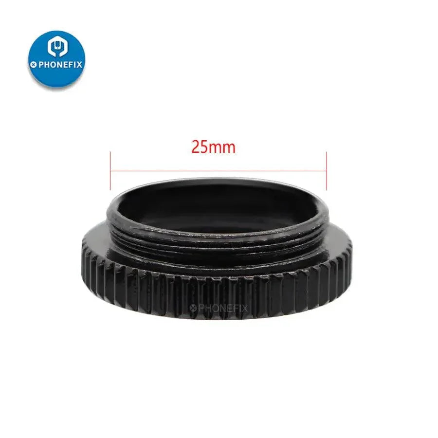 PhoneFIX 25mm C-CS mount adapter ring for microscope cameras, compatible with microscope accessories, allows lens attachment.