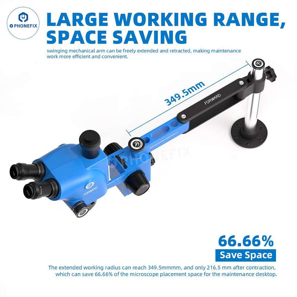 PHONEFIX FORWARD FW-R02 FW-R03 : bras articulé réglable pour microscope, offrant une stabilité multi-angles entièrement métallique pour optimiser l'espace de travail.